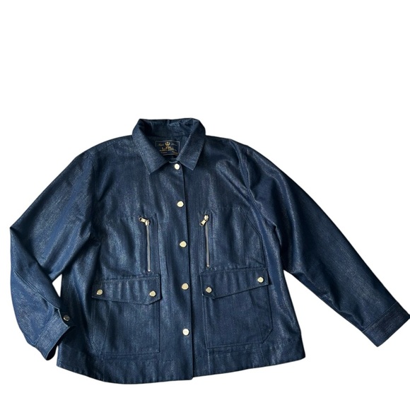 LRL Lauren Jeans Denim Jean Jacket Sz XL Sparkles Zipper Snap Pockets Boxy Fit - Picture 1 of 7
